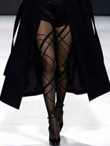1 Pair Women's High Waist Transparent Fishnet Tights, Black, Suitable ...