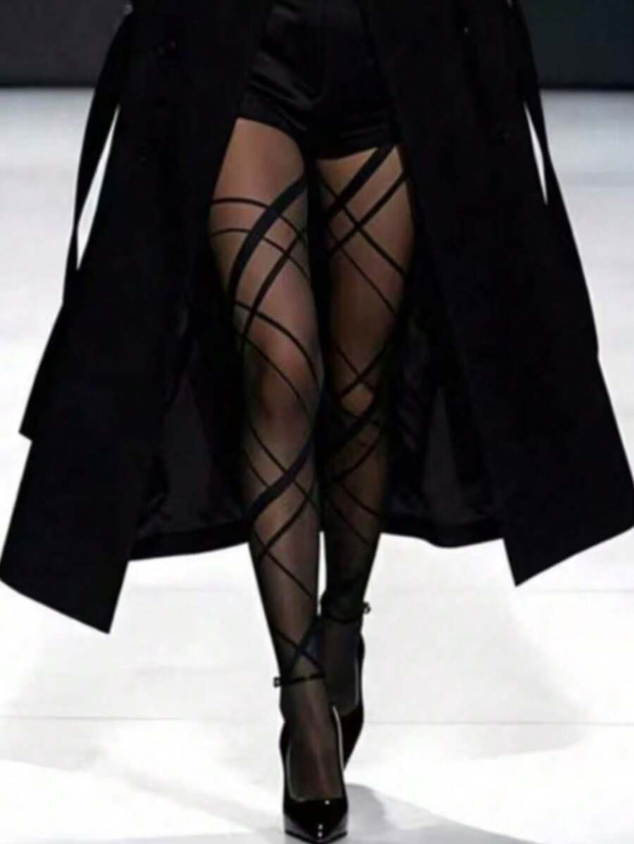 1 Pair Women's High Waist Transparent Fishnet Tights, Black, Suitable ...