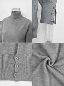 Women's Minimalist Commuter Style Solid Color High Neck Button Hem Drop Shoulder Long Sleeve Slim Fit Waist Soft Knit Sweater, Autumn/Winter - Grey - View 8