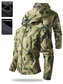 Men's Thermal Lined Casual Sports Jacket, Windproof Waterproof Outdoor Camouflage Soft Shell Coat, Autumn/Winter, Fleece, Skiing - Olive Green - View 1