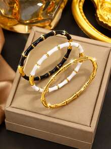VceTd1/3PCS Fashion Commuter Style Bamboo Knot Design Stainless Steel Bracelet, Suitable For Women's Daily Wear Or As A Gift For Loved Ones - Yellow Gold - View 1