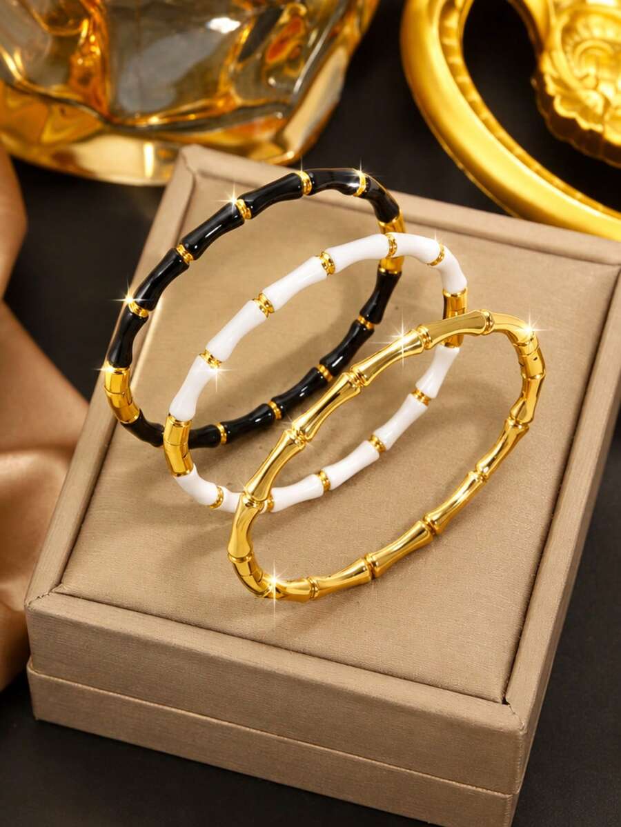 VceTd1/3PCS Fashion Commuter Style Bamboo Knot Design Stainless Steel Bracelet, Suitable For Women's Daily Wear Or As A Gift For Loved Ones - Yellow Gold - View 1