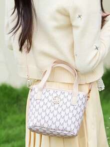 Women's Mini Bucket Tote Bag, Printed Letter Pattern, PU Leather, Metal M Logo, Detachable Double Handles, Casual Elegant Style, Suitable For Women's Daily Shopping - White - View 2