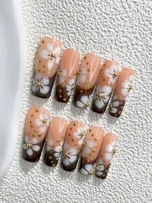 秋季 10 片裝暗色調花卉風手工穿戴甲 Polygel 美甲套組，花朵設計，白色與棕色指甲油，溫婉優雅風格，3 種尺寸可選，杏仁甲、鴨嘴甲、棺材甲，適合派對、跳舞、日常穿戴（手工細節可能有所不同） - 彩色 - 查看 19