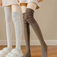 4 Pairs One Size Vintage Loose Fuzzy Knee-High Thigh Socks, Featuring Fine Vertical Striped Knit Craftsmanship, Elastic Cuff - Multicolor - View 12