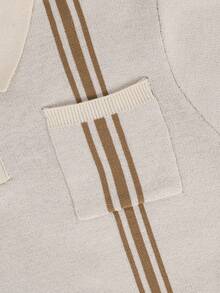 Autumn/Winter Old Money Style Contrast Color Vertical Stripe Knit Polo Shirt, Men's Casual Versatile Long Sleeve Top - Apricot - View 6