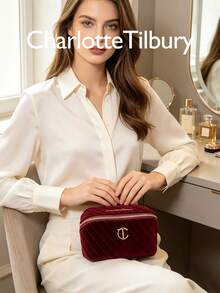 Charlotte Tilbury Burgundy Velvet Quilted Makeup Bag M Size 18*8*9cm, Portable Zippered Cosmetic Storage Pouch, Travel Makeup Organizer, Suitable For Lipstick, Makeup Brushes And Cosmetics - Burgundy - View 6