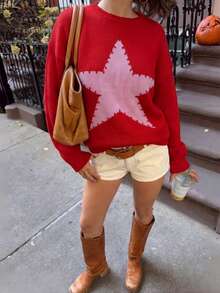 Just Masa Women's Fall Winter Colorblock Star Pattern Sweater Top,Long Sleeve Round Neck Rib-Knit Pullover,For Daily Wear,Going Out,Christmas,Travel - Red - View 9