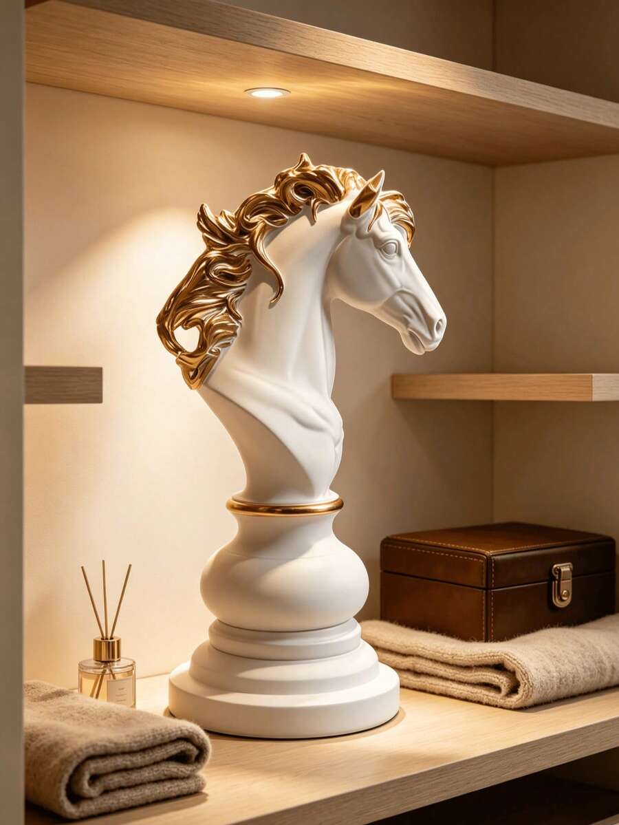 白色與金色獨角馬頭半身雕塑，西洋棋子風格裝飾雕像，現代優雅家居裝飾擺件，適用於客廳、餐廳、玄關、玄關桌、層架，藝術動物裝飾中心飾品禮物 - A - 查看 1