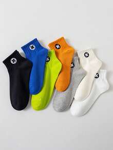 Men 5 Pairs Random Color Cross Embroidery Ankle Socks, Soft Breathable ...