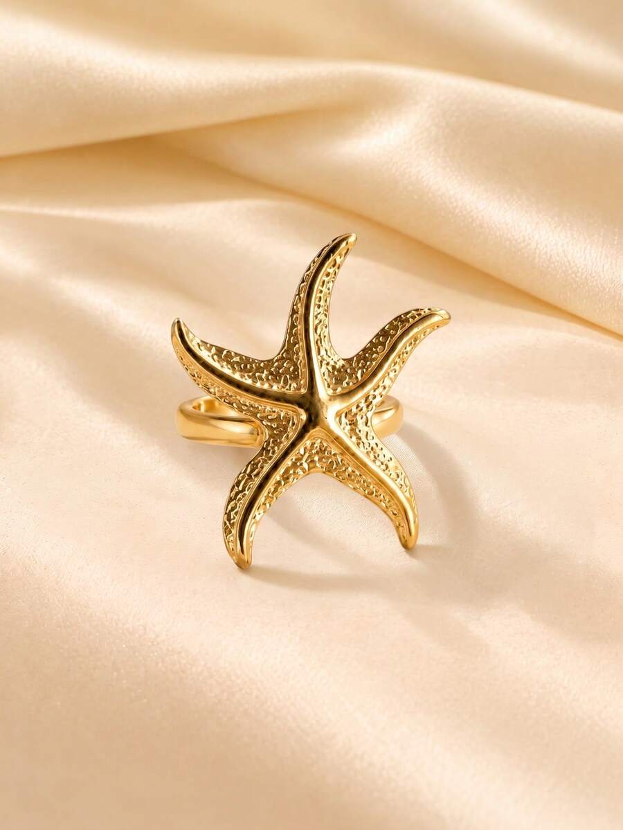 Gold Starfish Open Ring For Women, Summer Beach Vacation Style Fashion Personalized Ring, Versatile Luxury Jewelry Accessory, Gift - Gold - View 1