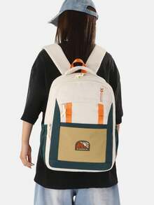 Man Outdoor Backpack Wear-Resistant Daypack Large Capacity For Campus Travel Black Mesh Pocket Nature Patch Decoration - Multicolor - View 8