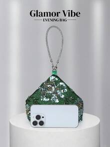 亮片晚宴手拿包，亮片刺繡工藝，3D花卉（隨機圖案），婚禮必備配件，情人節禮物，適用於婚禮、度假、畢業季、晚宴及其他正式場合，亦可作為日常穿搭的百搭配件 - 綠色 - 查看 5
