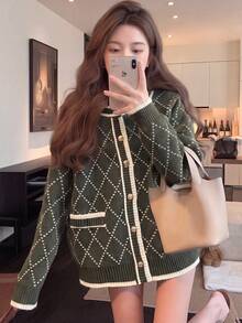 Alicedudu Women's Vintage Style Casual Loose Knit Cardigan Sweater With Diamond Pattern, Autumn/Winter - Green Algae - View 1