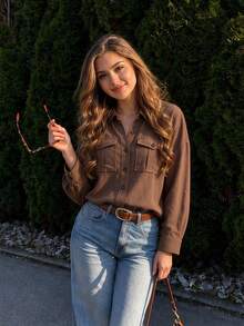 Coffee Brown Solid Color Long Sleeve Single Breasted Casual Utility Pocket Shirt Cotton Feel Comfortable Blouse Daily Wear Commute - Coffee Brown - View 5