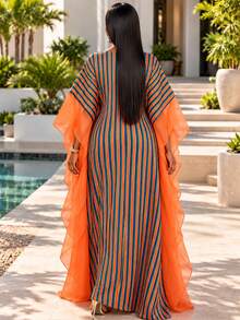 Women Striped Print Bubu Maxi Dress V Neck Contrast Orange Mesh Batwing Sleeve Split Front Loose Flowy Long Kaftan Dress For Party Holiday - Orange - View 3
