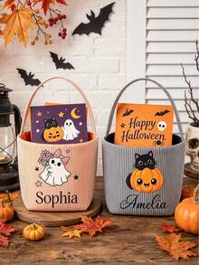 Personalized Custom Name Halloween Trick Or Treat Striped Fabric Tote Basket, Ghost Pumpkin Witch Hat Pattern, Customized Text Handle Storage Basket, Halloween Party Decoration - Multicolor - View 2