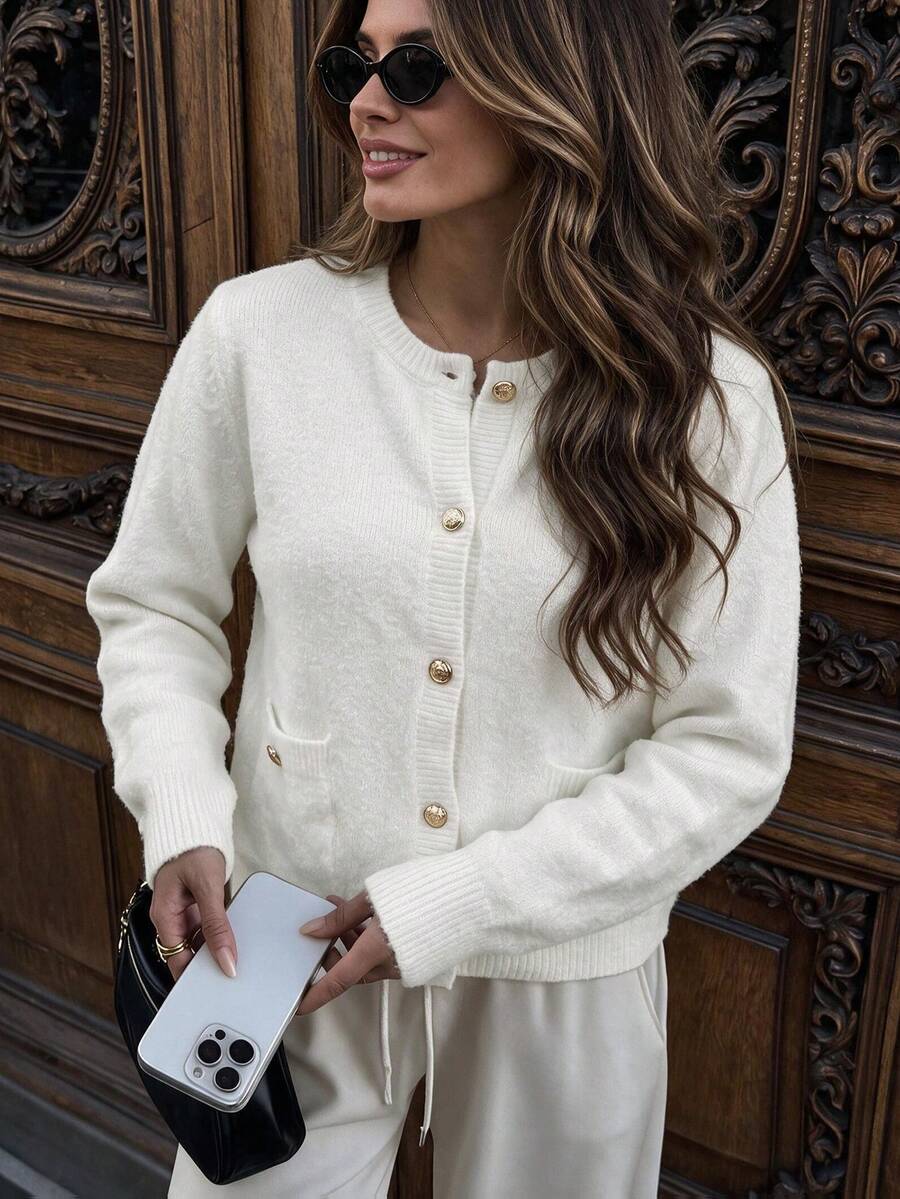 GLAMSKIN Women's Fall Winter Cropped Knit Cardigan,Crew Neck Button Front Long Sleeve Sweater With Flap Pockets,Outerwear For Office Daily Streetwear - Light Apricot - View 1