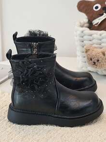 Girls' Ankle Boots, Mesh Flower Decoration, Side Zipper, Thick Sole Anti-Slip, Autumn/Winter Princess Boots - Black - View 1
