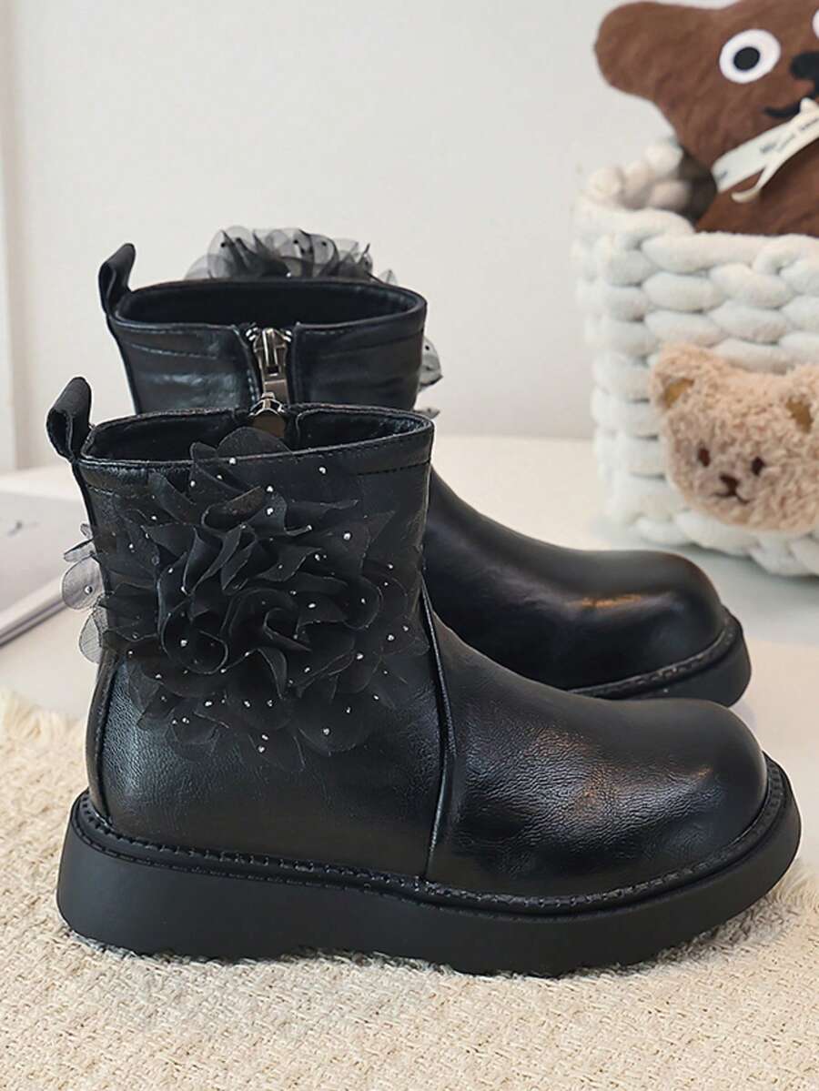 Girls' Ankle Boots, Mesh Flower Decoration, Side Zipper, Thick Sole Anti-Slip, Autumn/Winter Princess Boots - Black - View 1