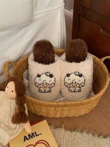 XIXITIAO Cute Cartoon Silent Couple Slippers For Men & Women, Soft Fluffy Lamb Design, Lightweight Fuzzy Home Shoes For Autumn Winter - White - View 3