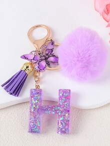 1 buah Gantungan Kunci Huruf dengan Rumbai Bola Bulu Ungu Lucu dan Liontin Gantungan Kunci Kupu-kupu, Cocok untuk Anak Perempuan, Digunakan untuk Tas Wanita, Dompet, Dekorasi Gantungan Kunci Mobil, Hadiah untuk Pacar - Purple - View 37