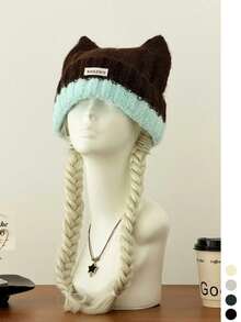 1pc Adorable Cat Ear Colorblock Knitted Beanie Hat For Women, Warm And Versatile, Face-Slimming Woolen Headwear For Autumn/Winter - Color-block Turned-edge Cat Ears - View 9