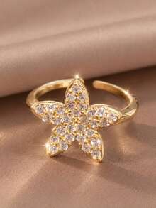 1pc Women's Cubic Zirconia Star Adjustable Open Ring, Stackable Finger Jewelry - Gold - View 2