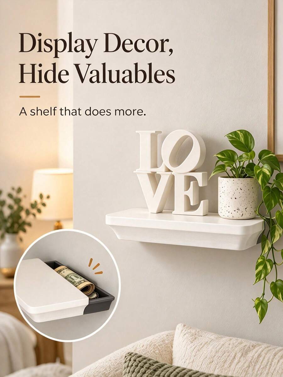 1pc Wall-Mounted Hidden Storage Shelf, Secret Wall Storage Box, Minimalist Floating Wall Shelf, Can Store Cash, Keys, Jewelry, Small Items, Sliding Cover Concealed Design, Suitable For Home, Bedroom, Entryway, Office Decor, Doesn't Take Up Desk Space, Home Essential, Home Storage Essential. - Multiple Styles - View 1