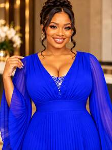 Plus Size Royal Blue Pleated Chiffon Maxi Dress Deep V Neck Rhinestone Sheer Flare Long Sleeve A Line ELegant Formal Evening Wedding Guest Party Gown - Royal Blue - View 3