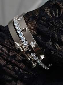 1/3pcs Set 18K Gold Plated Punk Rivet Pointed Arrow Zirconia Inlaid Bracelet Set, Stainless Steel Material - Suitable For Women Girls Daily Wear, Party Date, Office Gift Date, Office Gift - Gold - View 11