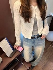 Women's Preppy Sweet Fall Polka Dot Striped 2 In 1 Top, Ruffle Crew Neck Button Down Long Sleeve Slim Fit Top For School, Travel, Cafe, Dating - Black and White - View 1