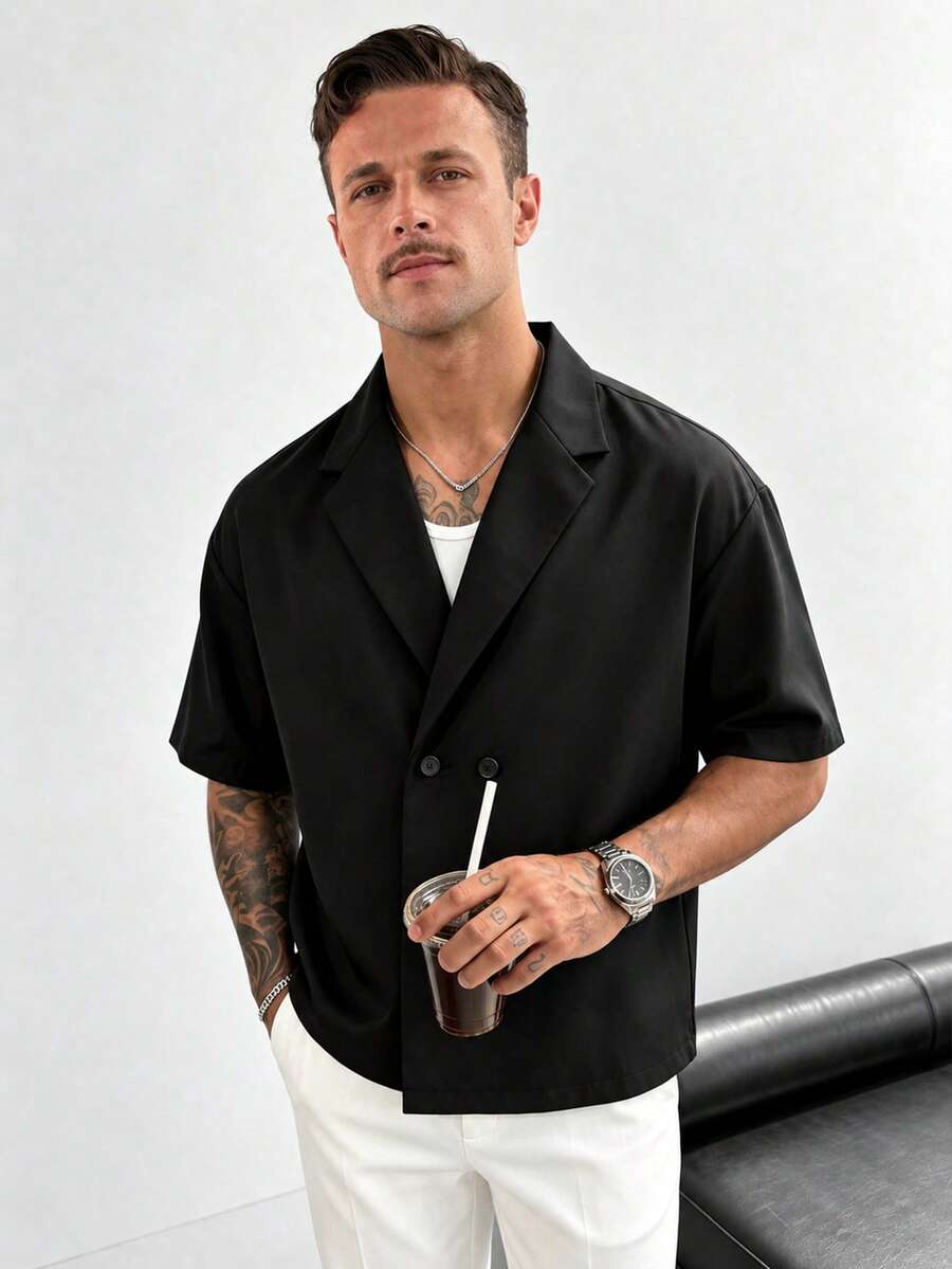 GloMan Old Money Style Men's Black Button Short Sleeve Loose Blazer, Summer Autumn Shirt, Business Casual, Vacation, Beach, Office Commute, Streetwear, Suitable For Father/Husband - Black - View 1