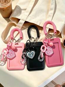 Cute Heart Shaped ID Card Holder With Detachable Slide Cover Clear ID Windo,Retractable Coil Spring Lanyard, For Student ID, Meal Card, Work Pass - Multicolor - View 1