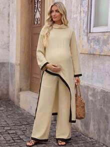 Bump Style Maternity 2-Piece Outfit Beige: Non-Stretch Long Sleeve Top & Wide Leg Pants With Contrast Trim - Apricot - View 4