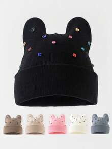1pc Men's Y2K Rhinestone Cat Ear Knit Hat, Pearl Decor Hip Hop Beanie, Outdoor Warm Brimless Cap, Suitable For Street Outdoor Punk Hip Hop - Multicolor - View 5