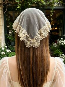 1pc Minimalist Gold Foil Mesh Headband, Thin Tulle Triangle Hair Scarf Small Hair Accessory, Lace Trim Versatile Ball Headpiece - Beige - View 2