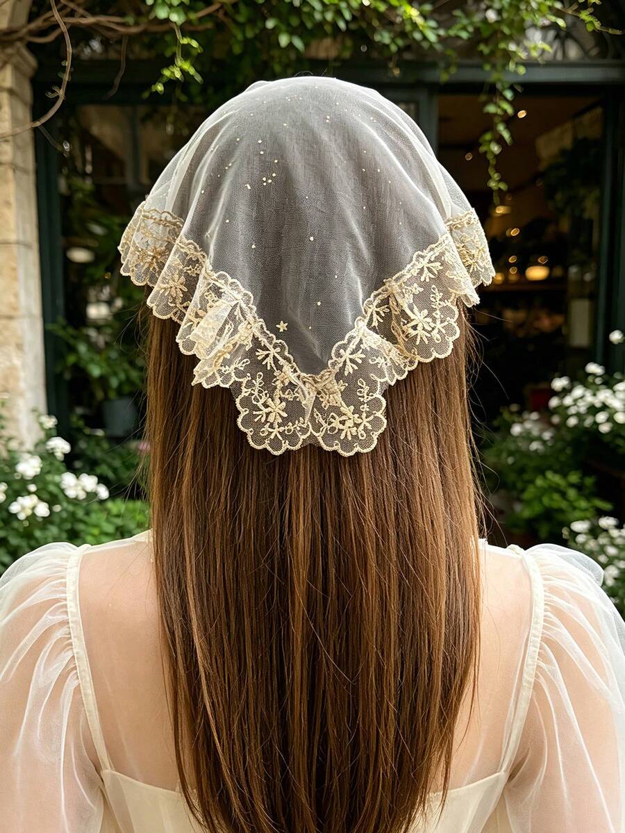 1pc Minimalist Gold Foil Mesh Headband, Thin Tulle Triangle Hair Scarf Small Hair Accessory, Lace Trim Versatile Ball Headpiece