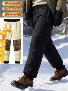 Men's Winter Fleece Lined Long Pants, Outdoor Ski Wear, Zip Pockets, Drawstring Waist, For Outdoor Sports & Casual Outfits - Black - View 2