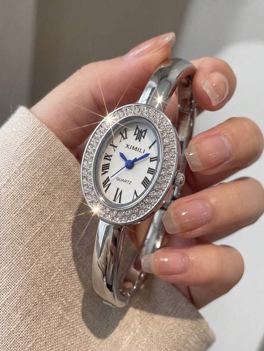 SOKI 1件女款復古華麗橢圓手鍊手錶，銀色開口手鐲錶帶，易穿脫，滿鑽錶圈，白色錶盤配羅馬數字刻度，藍色指針，設計精緻，充滿魅力氣息，適合日常、辦公、度假、感恩節、婚禮、宴會、約會、聖誕節、開學、派對、萬聖節、復活節等場合，送給女性的完美禮物