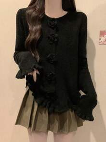 Women's Soft Sweet Rose Button Asymmetrical Cardigan New Flare Sleeve Top - Black - View 3