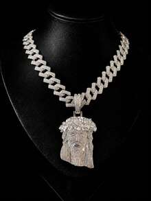 European And American Hip Hop Full Diamond Jesus Head Pendant Cuban Chain, Gold And Silver Dual Color Optional, Personalized Street Style Rhinestone Men's Rap Necklace - Jesus - View 2