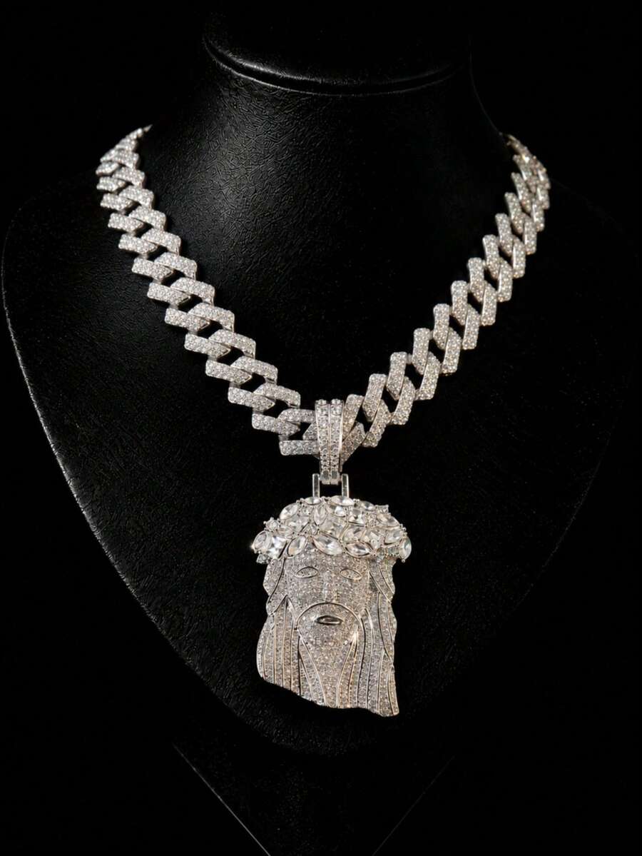 European And American Hip Hop Full Diamond Jesus Head Pendant Cuban Chain, Gold And Silver Dual Color Optional, Personalized Street Style Rhinestone Men's Rap Necklace