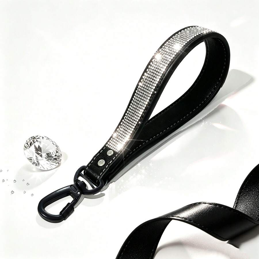 1pc Short Dog Leash, Suitable For Wedding Scenes, Dog Training And Control, Wedding Pet Appearance, With Rhinestone Reflective Effect, Short Leash, Short Walking Rope, Close-Range Dog Control, Christmas, Halloween Gift, Fits Large And Medium Dogs. - Black - View 1