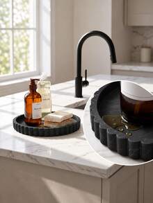 Round Bathroom Counter Tray, Black Marble Look Silicone Organizer For Toiletries And Skincare - Multicolor - View 6