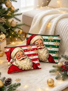Double-Sided Printed Coin Purse/Organizer/Makeup Bag Featuring A Striped Santa Claus Pattern; Includes A Zipper And Is Lightweight And Portable Christmas Thanksgiving - Multicolor - View 8