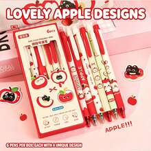 6pcs Apple Erasable Neutral Pen Set, 0.5mm Retractable Ballpoint Pen, Blue Ink, Built-In Eraser, School And Office Supplies, Back To School, Reward Stationery, Holiday Gift Choice - Multicolor - View 8