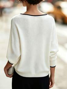 Women's Elegant Long Sleeve Knit Top With Large Scoop Neck, Contrast Trim And Dropped Shoulder Design, Suitable For Autumn Wear - White - View 2