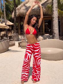 HOTTIE HABIT Women's 3-Piece Halter Triangle Bikini Set, Solid Red Bikini Paired With Red & White Zebra Print Loose Wide Leg Beach Pants, Suitable For Beach, Pool, Vacation - Red - View 3