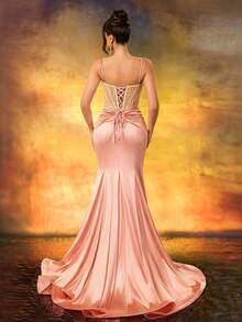 Women's Contrast Color Party Mermaid Hem Slit Formal Evening Gown Dress Wedding - Coral Pink - View 2
